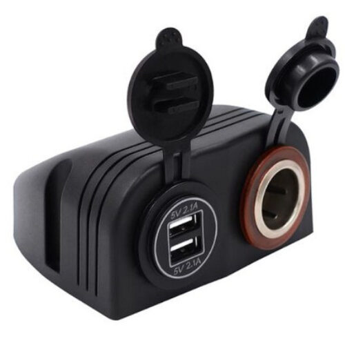 Гніздо USB з прикурювачем для мотоцикла/автомобіля врізне прямокутне 4 синя підсвітка